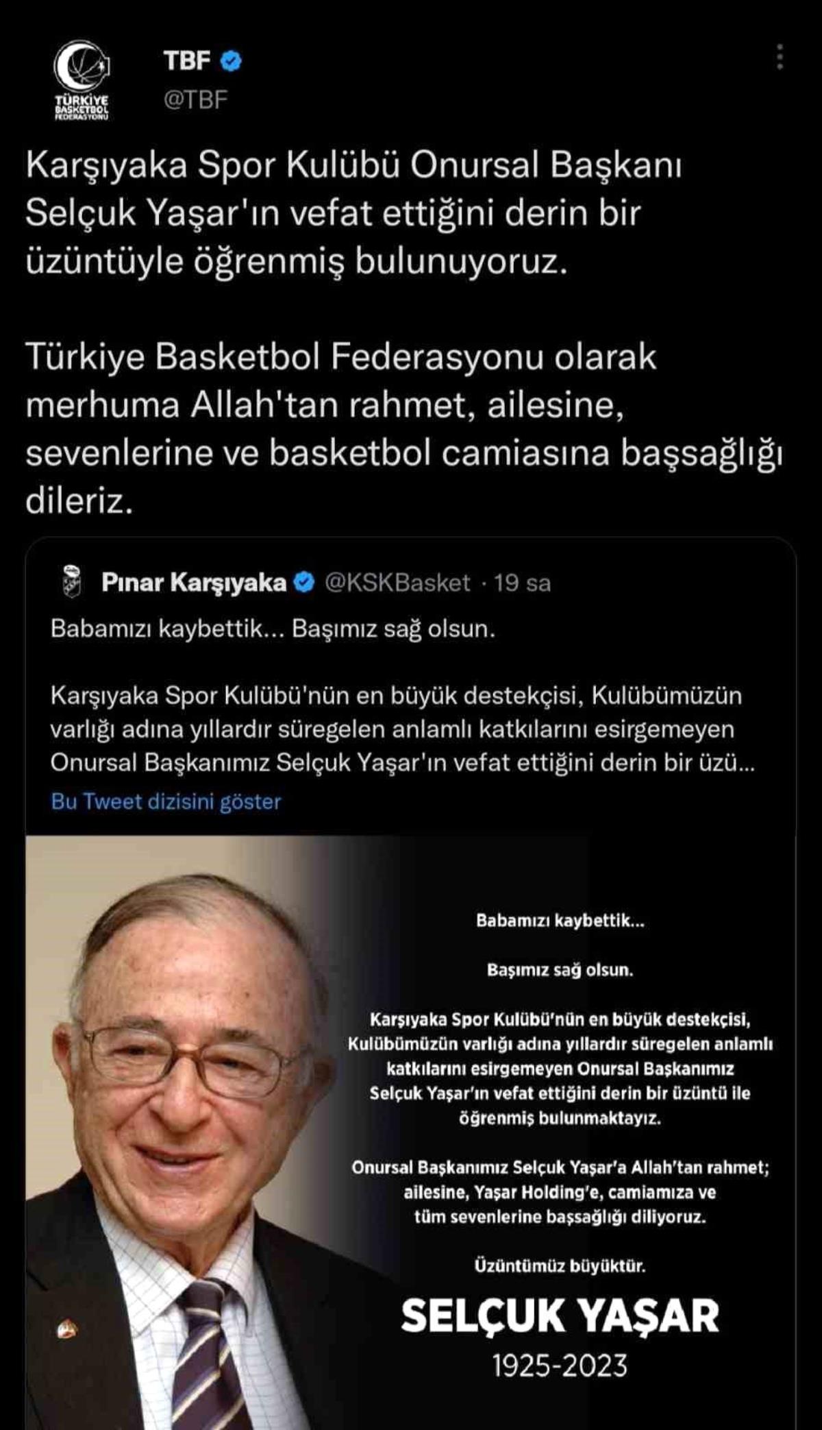TBF’den Selçuk Yaşar için taziye mesajı